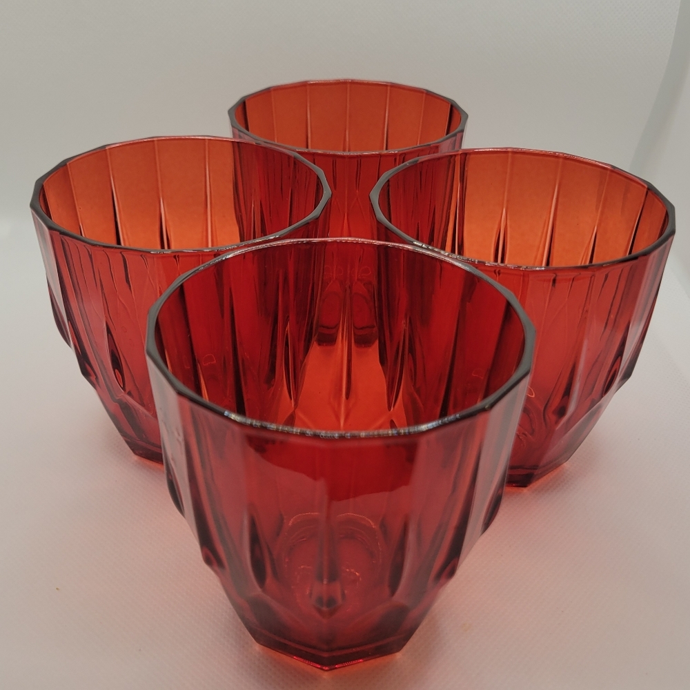 Vintage Set of 4 ruby red diamond prism lowboy glasses